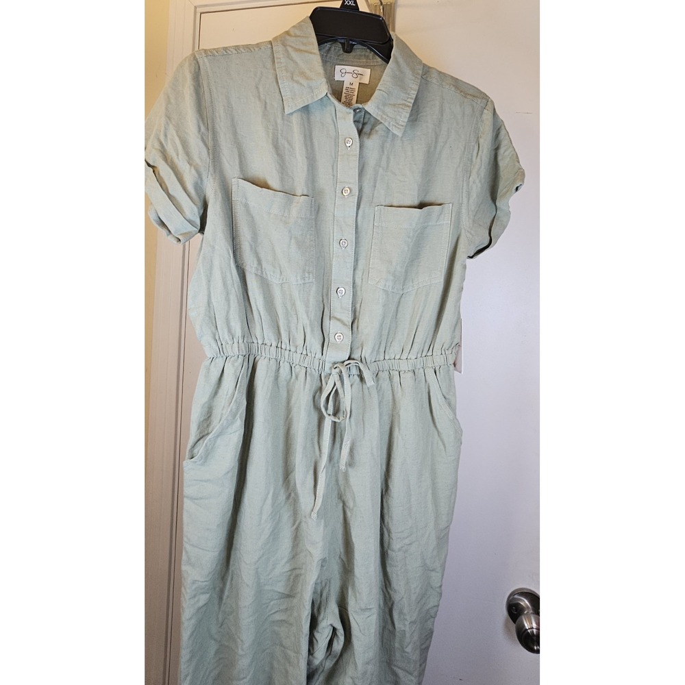 Jessica Simpson Olive Green Linen Blend Short Sleeve Button Up Jumpsuit Sz. Med. - Picture 5 of 9